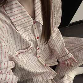 新款睡衣女款春秋季云朵棉小翻领开衫条纹长袖长裤休闲家居服套装