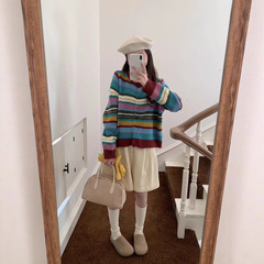 韩系减龄多巴胺彩条圆领毛衣开衫女文艺感休闲百搭针织衫外套上衣