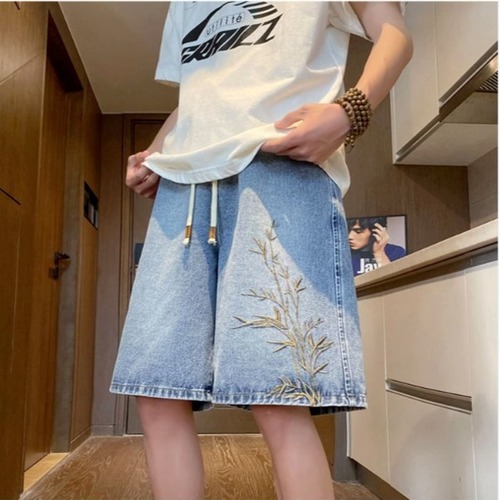 Youth National Trend Embroidered Denim Short Pants for Men - Summer Thin Loose Casual Straight Leg Five-Finger Pants