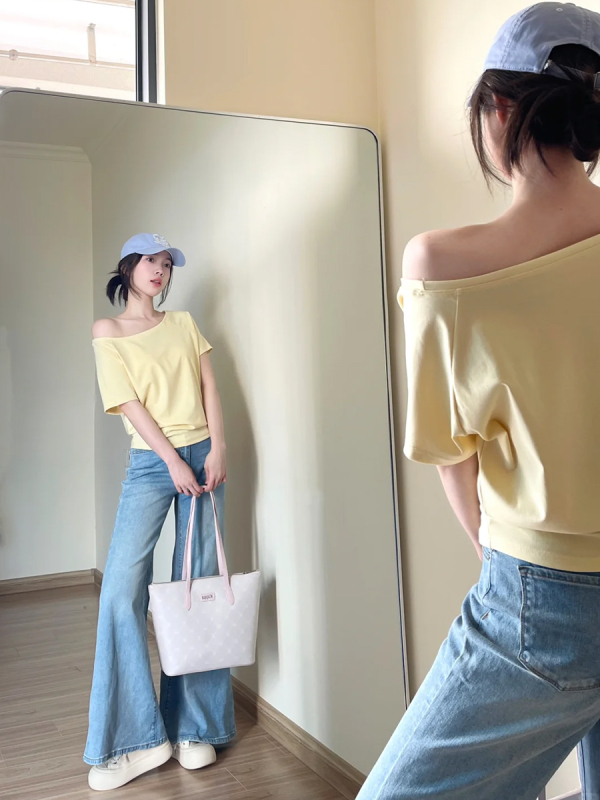 韓国ミルクイエロー2025超格好良いオフショルダー斜め襟半袖Tシャツレディーススリムでシックなトップス|undefined