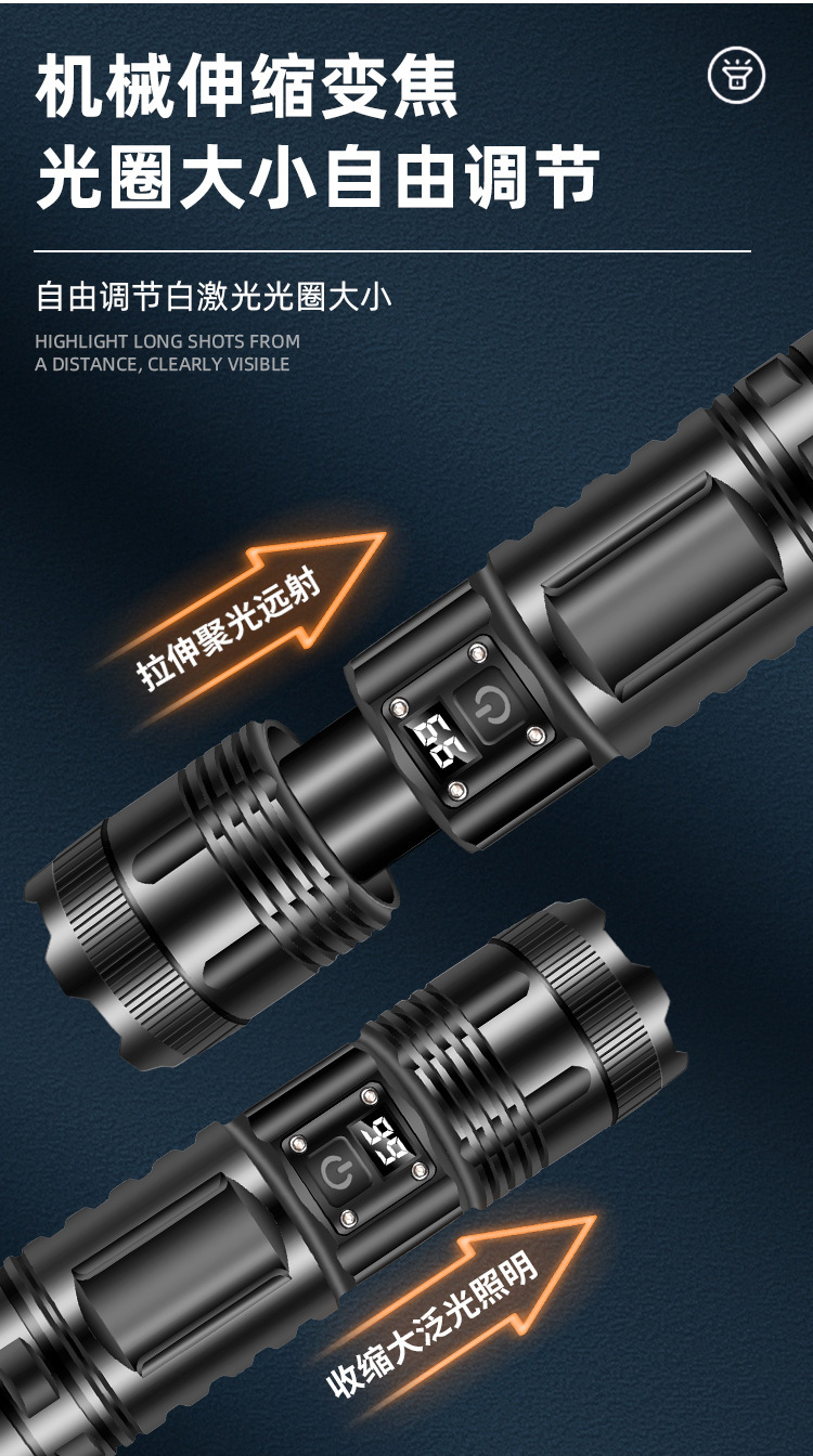 New white laser flashlight Type-C charging strong light outdoor zoom super bright long-range light with power display