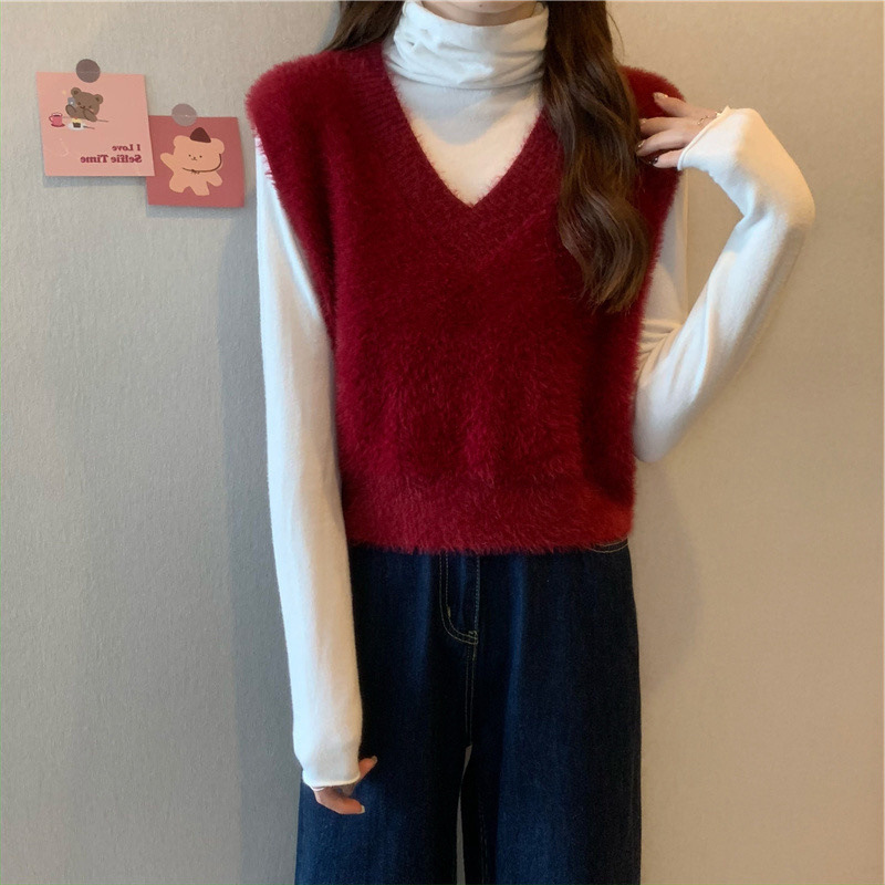Christmas Red Chinese New Year Red V Neck Imitation Mink Velvet Vest Korean Style Pure Color Loose Sleeveless Outer Knitwear Vest