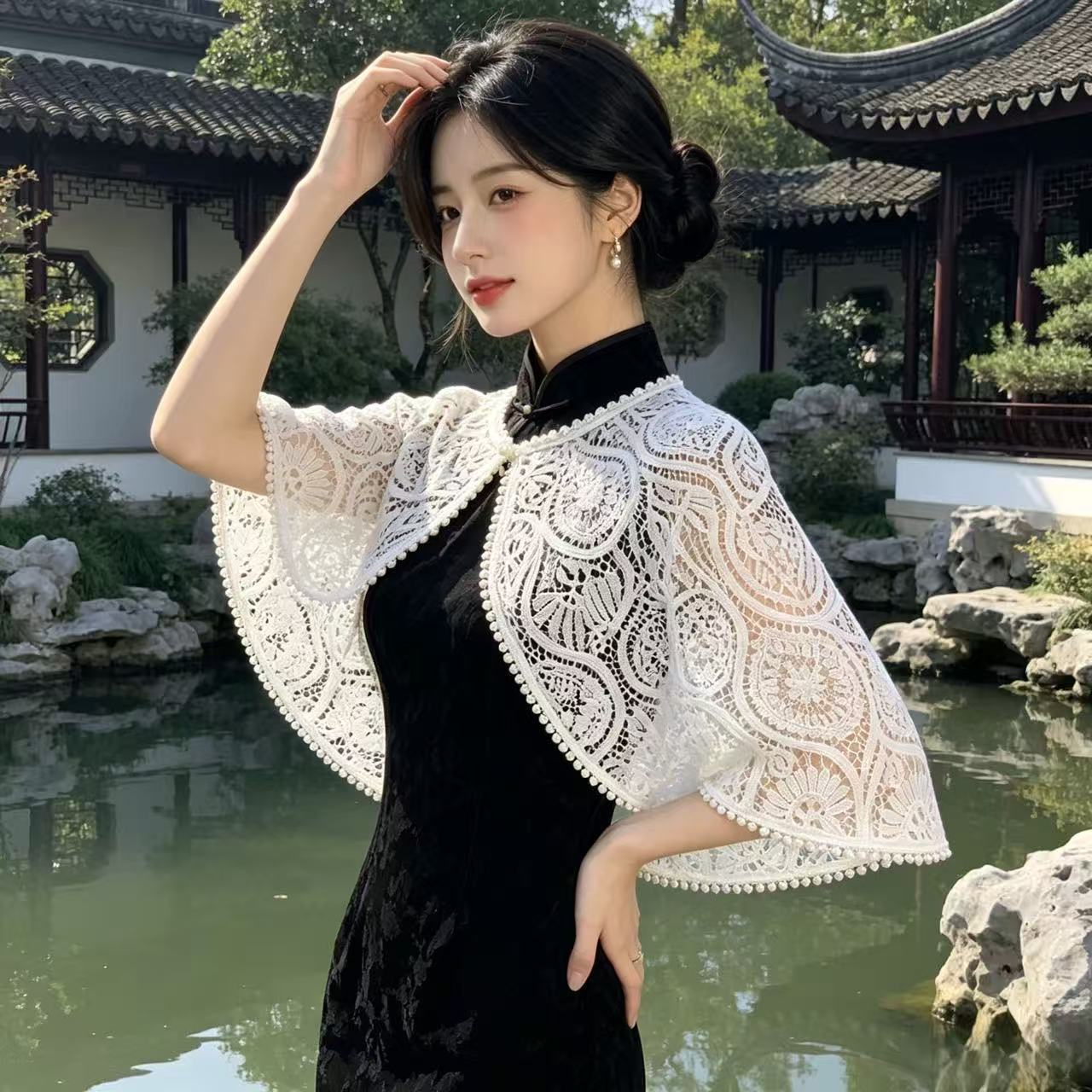 Lace hollow-out cheongsam cloud-shoulder shawl for women, new Chinese-style elegant outerwear to match dresses, sun-protective cardigan, pearl capelet