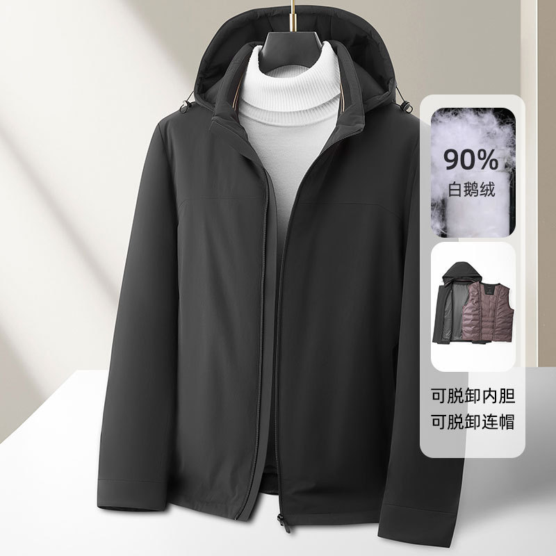 Men's down Jacket for Autumn and Winter, Three-In-One Wear, White Goose Down, Hooded, Removable Inner Lining, High-End Luxury Business Warm Coat, Trendy