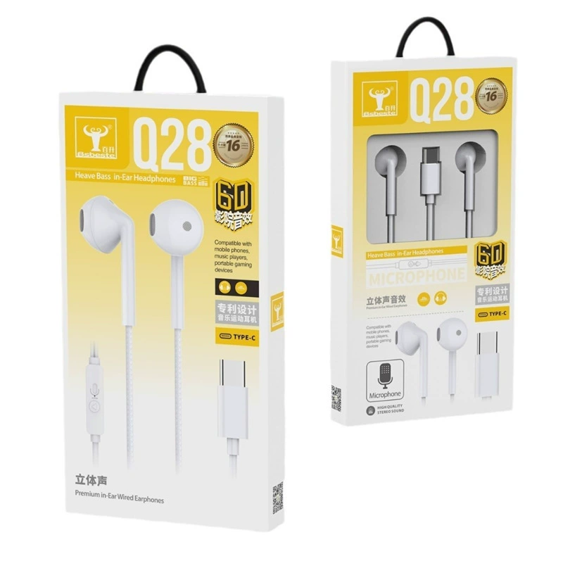 Наушники проводные Bai Liang Q28 Stereo 6D, кабель, спортивного типа, Type-C, совместимы с Redmi, Android