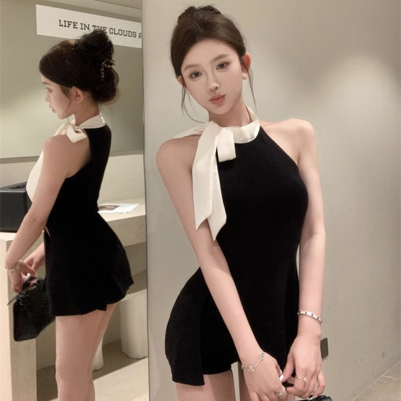 Bow Collar Knitwear Vest Women's Summer Slim-fit Pure Desire Design Split Sleeveless Top Outer Wear Color-matching