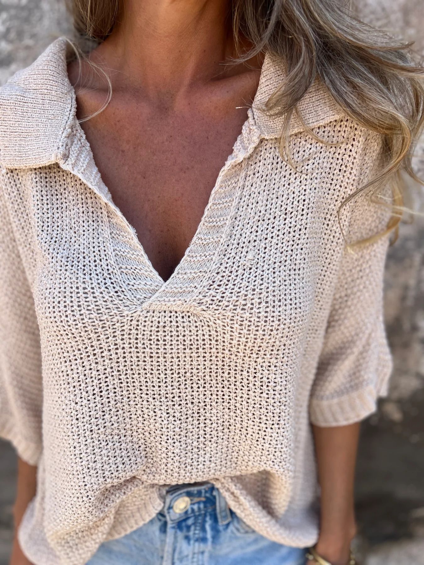 Damen-Sommer-Strickpullover mit Kragen, Dreiviertelärmeln, einfarbig_voghion.com