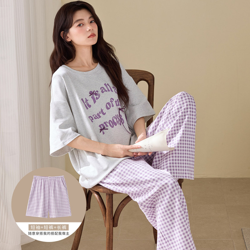 [Pure Cotton] Summer Three-Piece Set of Short-Sleeved Shorts, Long Pants, Pajamas, Women's Thin Round-Neck Pullover Loose-Fitting Home Clothes