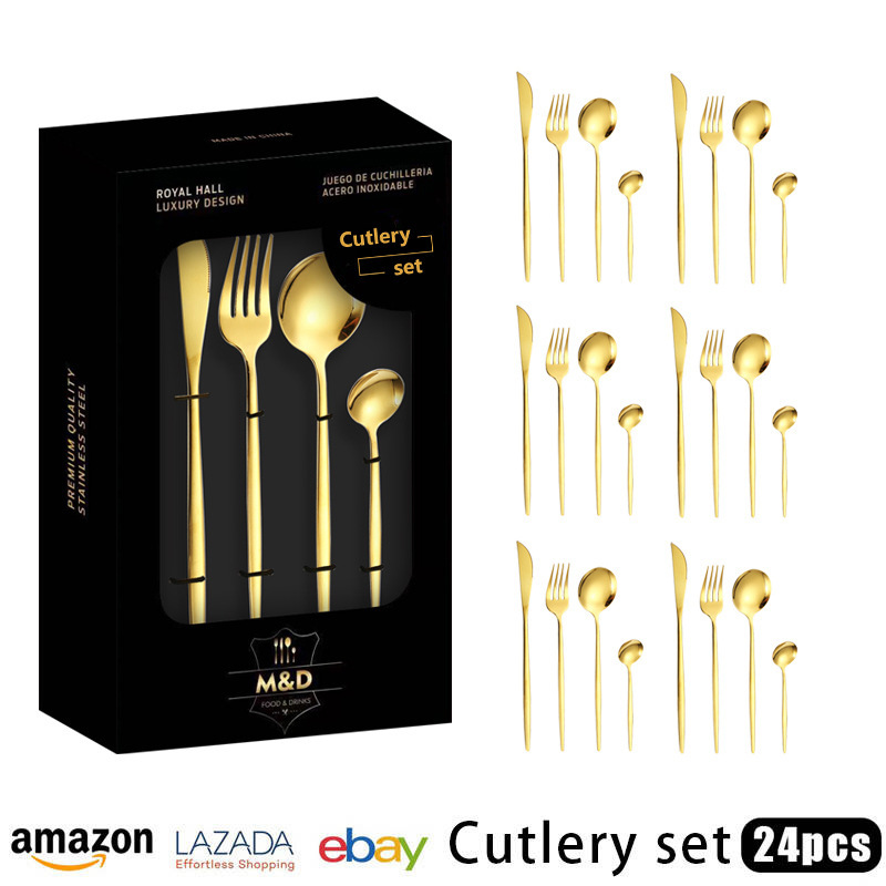 Cross-border Hot Selling Stainless Steel Tableware suit 24 Piece Set Knife and Fork Spoon suit Steak Knife and Fork Titanium Plated Gold Spoon
