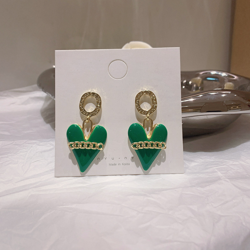 Oil Drop Chain Green Heart Earrings New Korean Three-dimensional Heart Earrings Female display picture 1