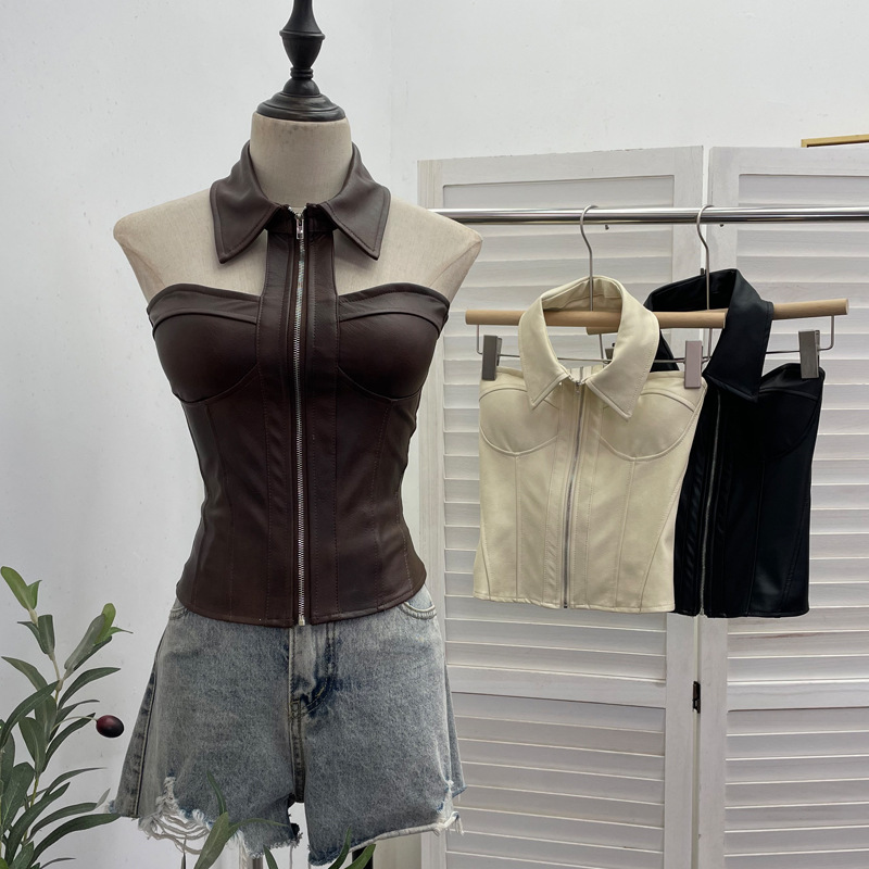 Real Shot of Hot Girl Design Pu Leather Tight-Fitting Short Sleeveless Top with Breast Pads and Halterneck Camisole for Women 1359 Real Shot of Hot Girl Design Pu Leather Tight-Fitting Short Sleeveless Top with Breast Pads and Halterneck Camisole for Women 1359