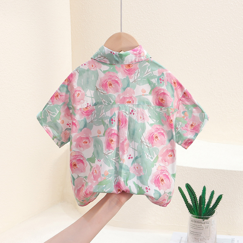 7848 Camisa de manga corta para niños 2024 nuevos tops de calle fritos guapos para niños ropa de verano para bebés camisa de flores para niños marea
