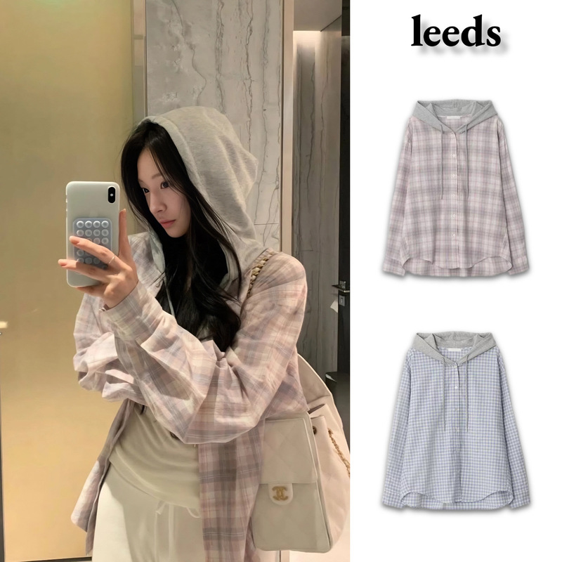 [In Stock] Korean-style Leeds hooded plaid shirt, women's plaid jacket, new loose and relaxed long-sleeved top
