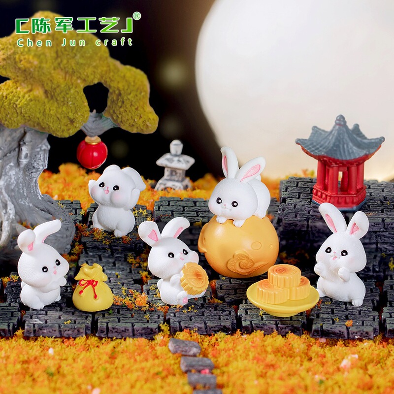 Miniature Landscape Mid-Autumn Festival Jade Rabbit Mooncake Cute Animal Figurine Decoration Accessories Resin Craft Small Ornament