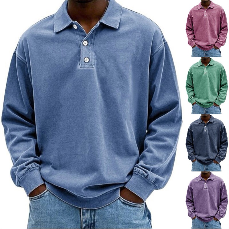 New European and American men's fashion cross-border vintage washed distressed long-sleeve Polo shirt, loose casual button-up top New European and American men's fashion cross-border vintage washed distressed long-sleeve Polo shirt, loose casual button-up top