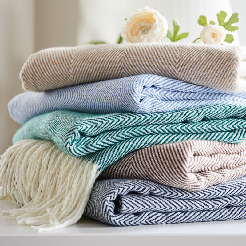 Woven jacquard weave wave fringe cover herringbone pattern thread acrylic blanket_voghion.com