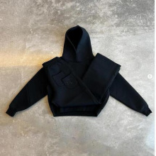 欧美休闲情侣时尚连帽衫运动衫纯色宽松双口袋刺绣卫衣卫裤批发