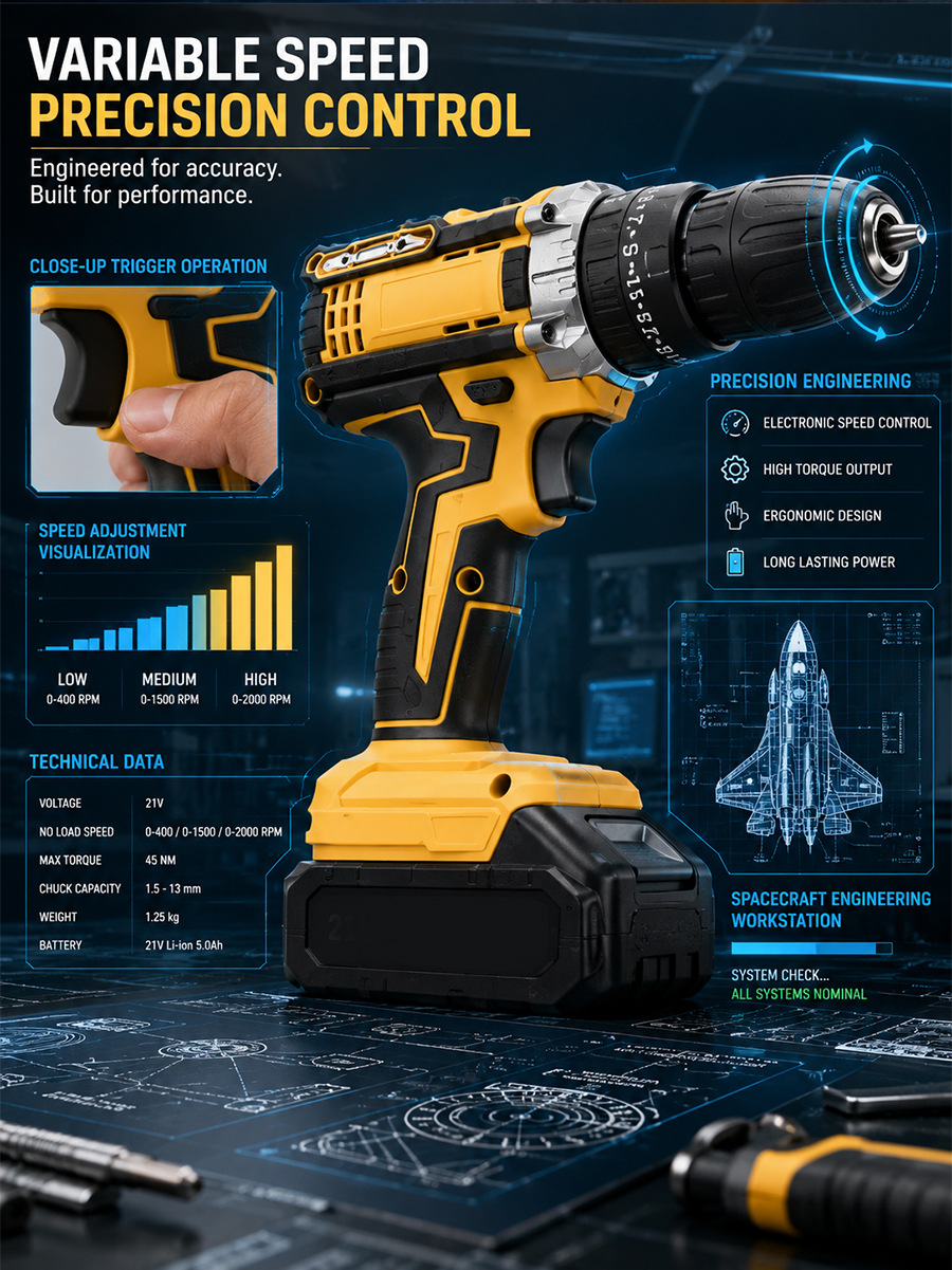 21V Cordless Lithium Impact Drill Handheld Electric Drill Dual Speed Charging Drill Pistol Grip Drill Electric Screwdriver Drill Set
