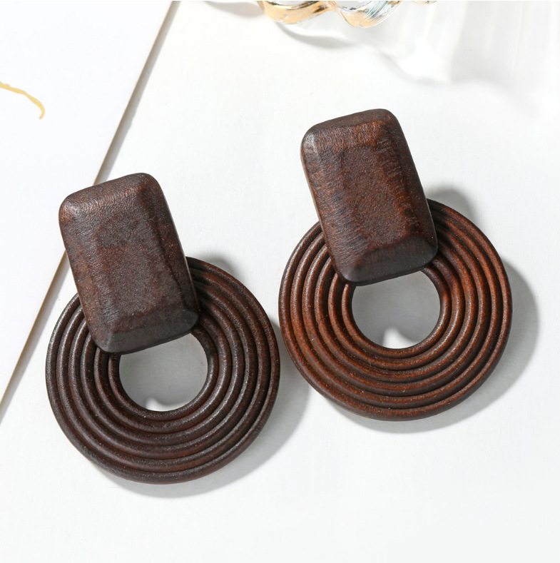 Wood Material Simple Style Round Rectangle Wood Hollow Out Women's Earrings