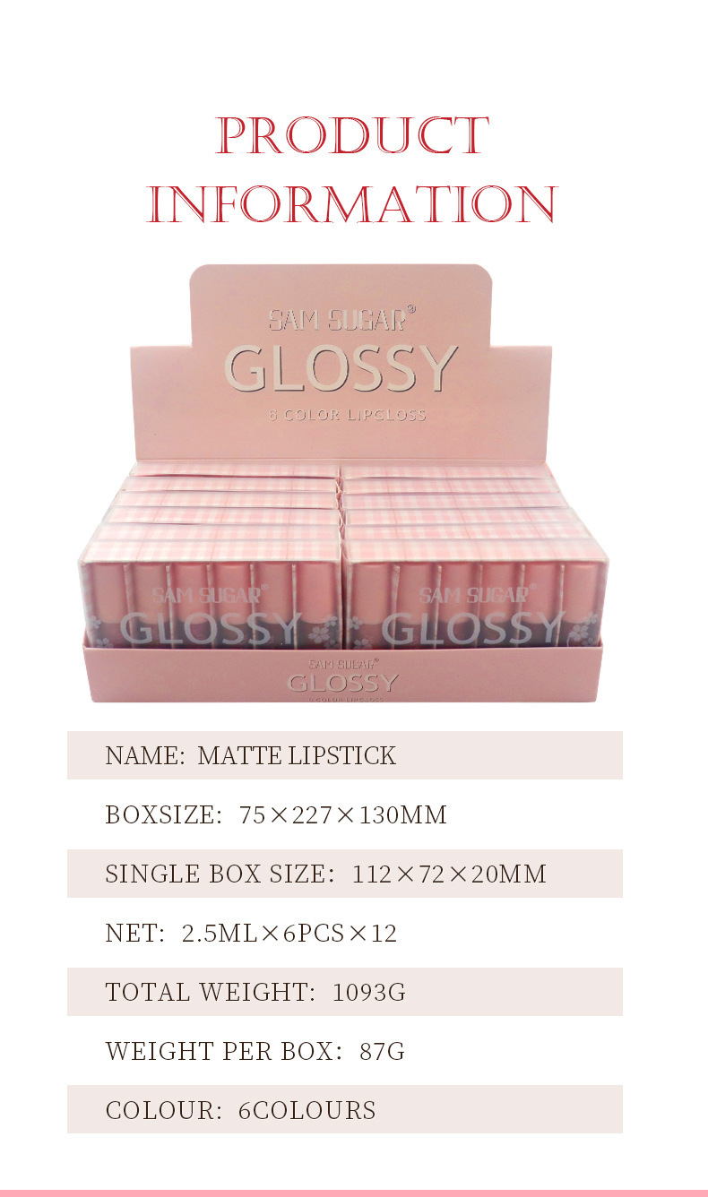 SAM SUGAR Matte non-stick Cup 6-color Lip Gloss set Matte Velvet easy-to-Apply Lip Gloss Glaze liquid undefined