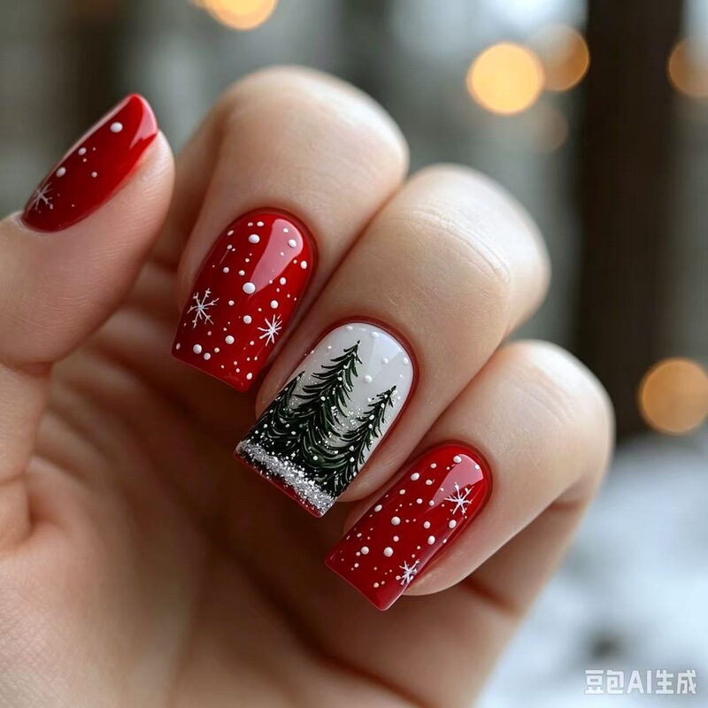 CHRISTMAS PRESS ON NAILS: Christmas tree, snowflake, festive red, medium-length, flat-tip artificial nail stickers