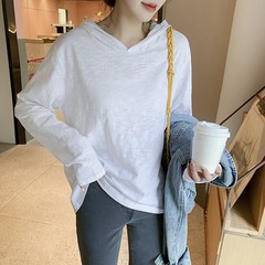 女性用フード付き竹綿長袖Tシャツ、春と秋のトップス、フード付き綿ボトムシャツ、ゆったりとした薄手のパーカー、多用途の綿