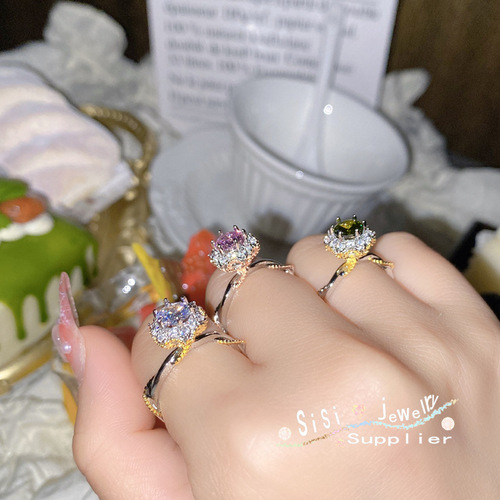 Sisi European and American wedding rings for women, bright olive green purple gemstone live ring, fashionable Titok live new product
