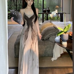 新品亚马逊欧美法式感气质裁剪手绘水墨蝴蝶女轻奢辣妹吊带长裙