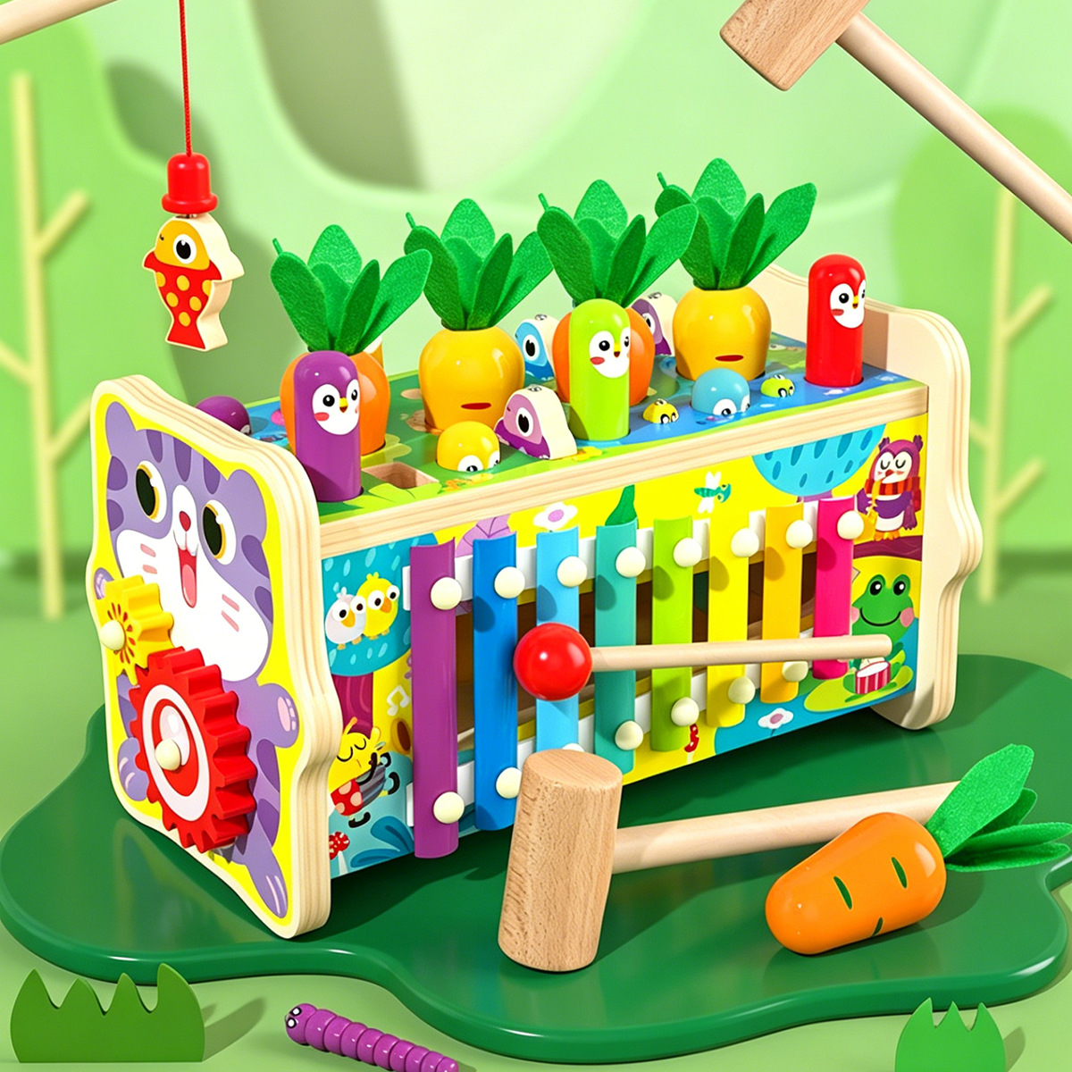 A 7-in-1 educational toy for children, including a whack-a-mole and a carrot-pulling game. It's a multi-functional wooden toy car for babies aged 1-3 years.