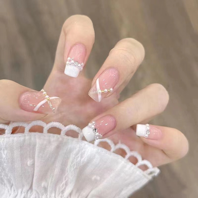 Nude Color White Detachable Fake Nail Light Luxury Sweet Nail Sticker Nail Sticker Handmade Nail Art Wear Nail