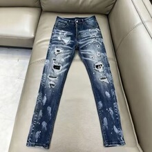 美式高街个性破洞补丁泼墨牛仔裤男士新款潮流百搭修身小脚裤子潮
