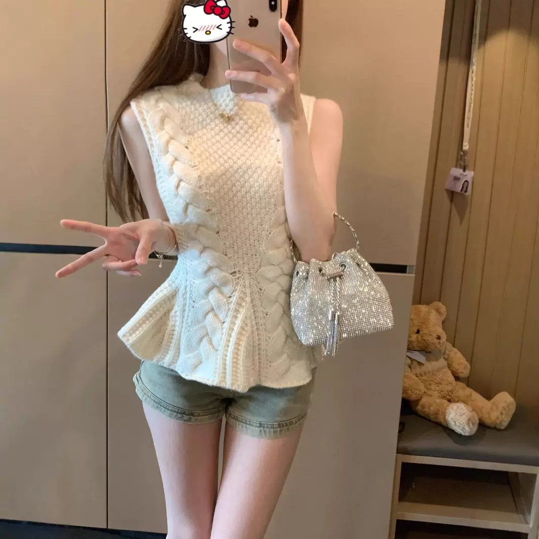 猫宁秋季韩系 杏色无袖针织背心女荷叶边修身内搭甜美款 时尚上衣