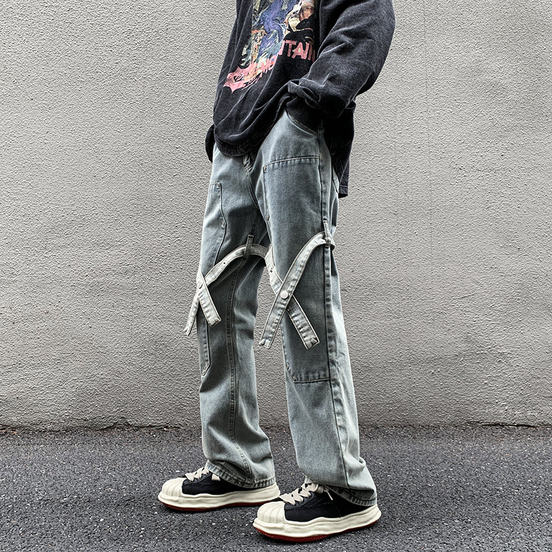 Vibe American Street Pants Ins Trendy Brand Strap Design Sense Jeans Men's Handsome Loose Straight Tooling Pants