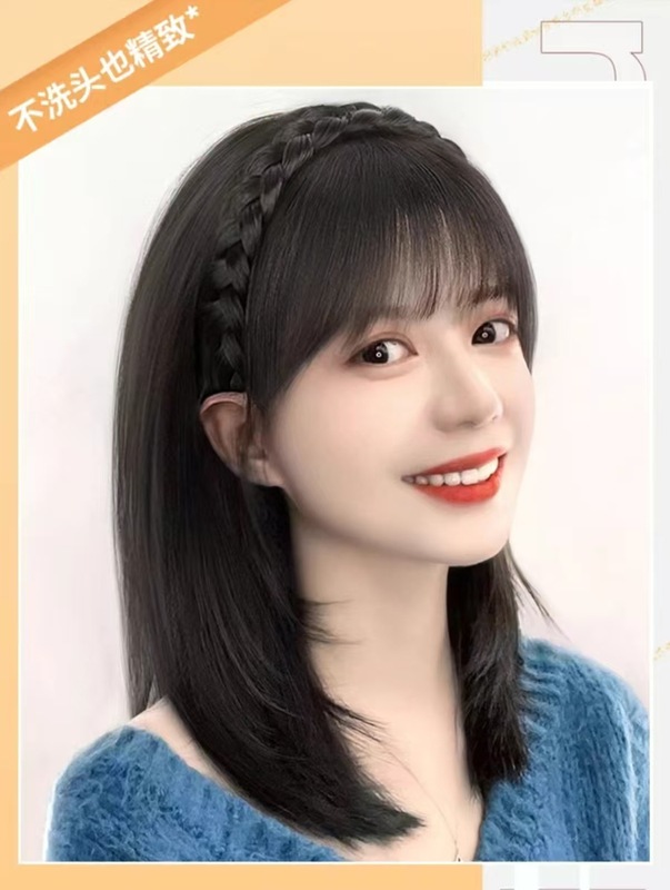 ウィッグヘアフープ、前髪一体型ウィッグ、女性用頭頂部交換用ヘアピース、人毛前頭、自然な白髪カバー、フィッシュボーン三つ編み|undefined