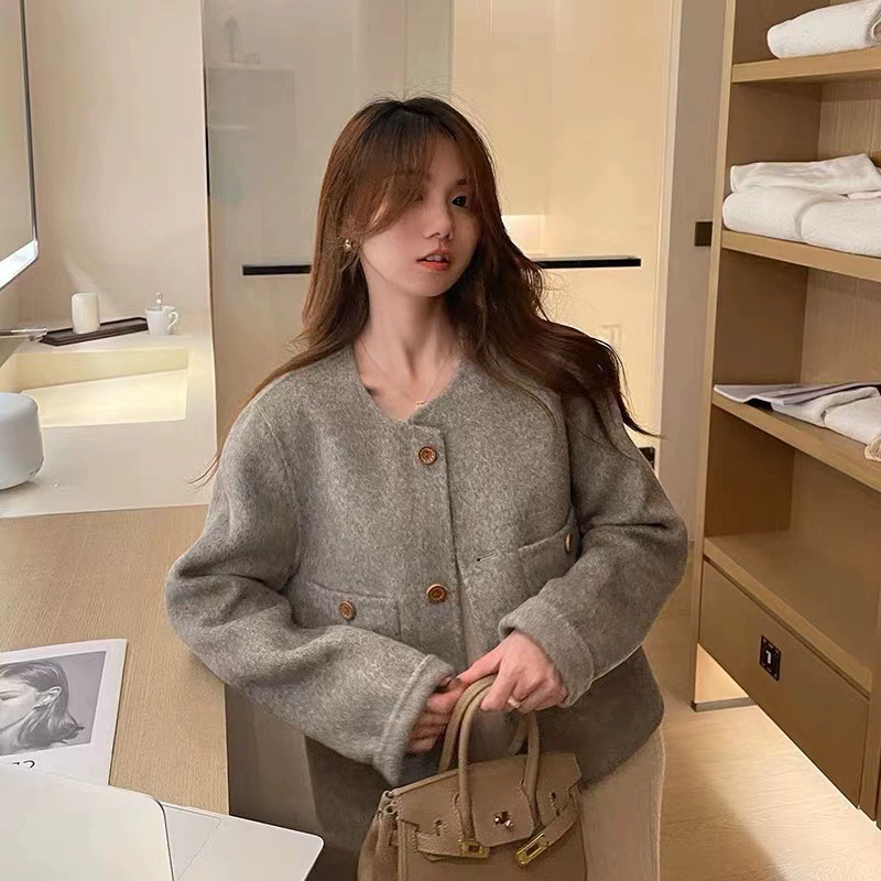 Двустороннее шерстяное пальто, женское Новое короткое пальто в Корейском стиле с круглым вырезом, маленькое элегантное толстое шерстяное пальто в стиле Шанель