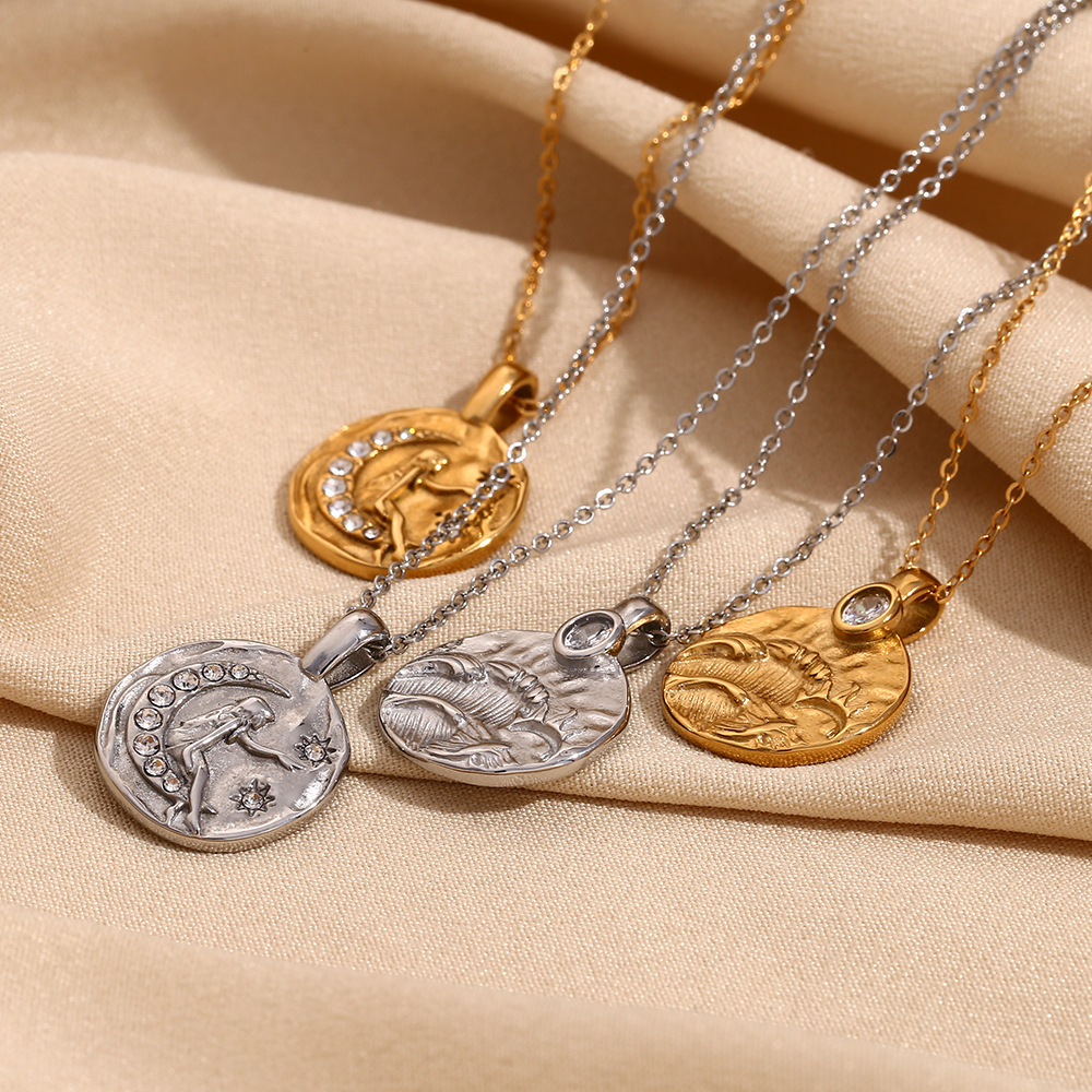 10g Weight Ion Plating (IP) Gold Plating Process 18K Gold Plated Plating Material Wholesale Jewelry Retro Sun Moon 304 Stainless Steel Rhinestones 18K Gold Plated Plating Inlay Pendant Necklace Cable Chain