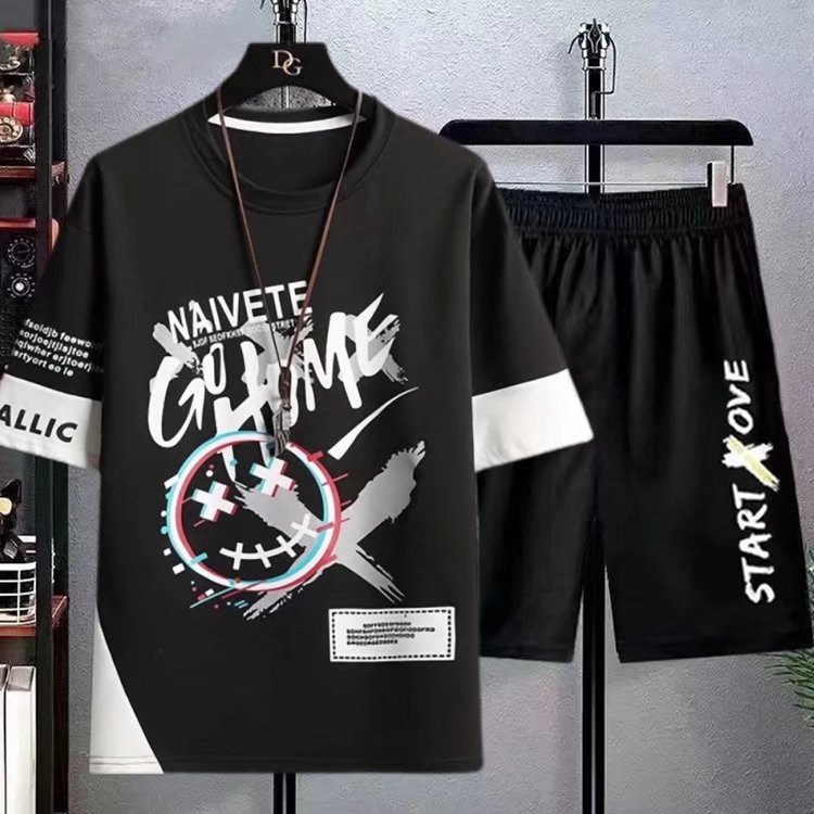 Men's Korean Style Short Sleeve Street Fashion Set Shan Shao Apparel Graffiti Inspired Five Sleeve Top With Shorts Black Gray White Casual Basic Fit_voghion.com