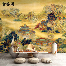 蓬莱仙境墙纸堂口背景布佛堂壁纸仙堂山水画壁画装饰墙布