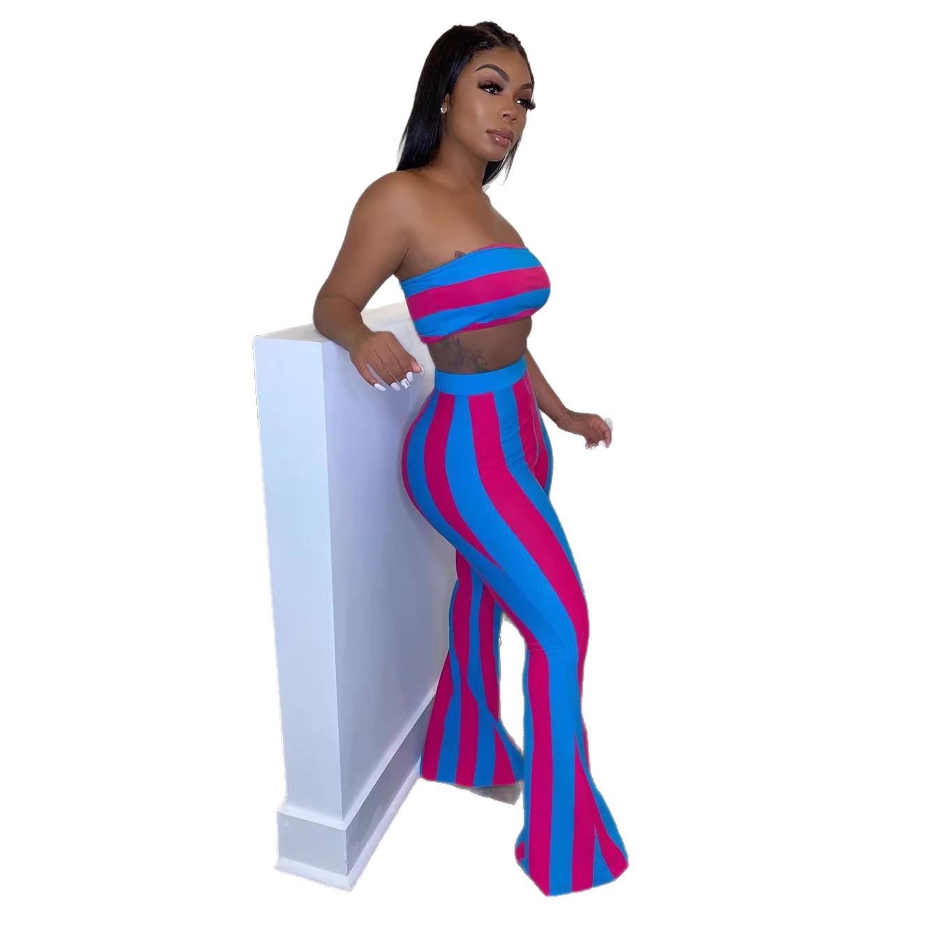 Damenbekleidung: Bandeau-Top und Schlaghose in Bonbonfarben, gestreiftes Set in Schwarz-Weiß, amerikanischer Stil, Frühling, Herbst, Sommer_voghion.com