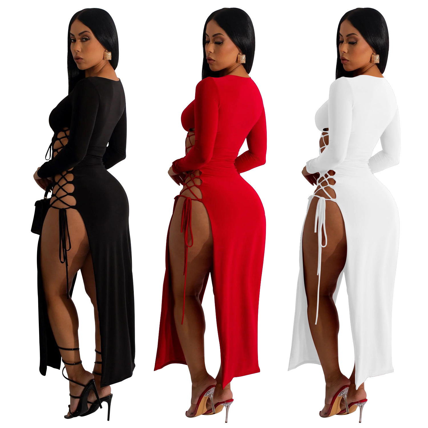 C6237 Aliexpress transfronterizo amazon ropa de moda europea y americana de mujer de color sólido corda abierta vestido de manga larga image 6