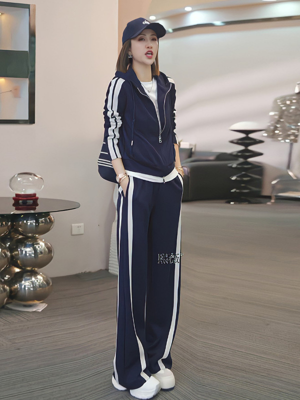 欧货休闲运动套装女春秋新款宽松时尚撞色拉链连帽卫衣两件套|undefined