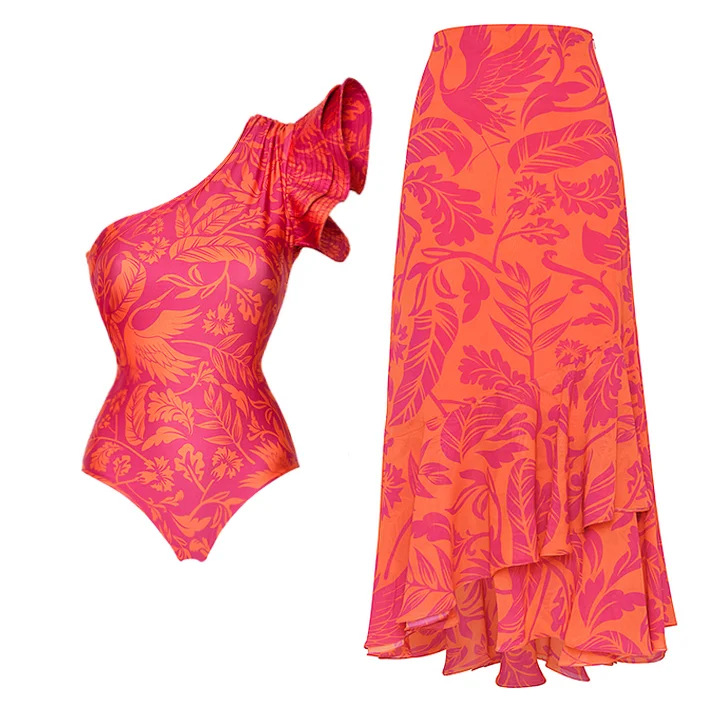 Polyester Fabric Type Women's Sexy Leaf Bird Ruffles One Piece Swimwear