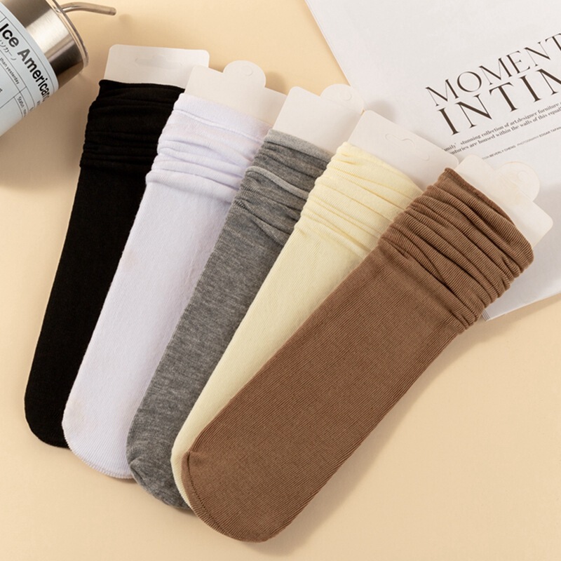 Women's Spring and Autumn Thin Socks Paired with Small Leather Shoes, Summer Trendy Long White Ribbed Mid-Calf White Shoes