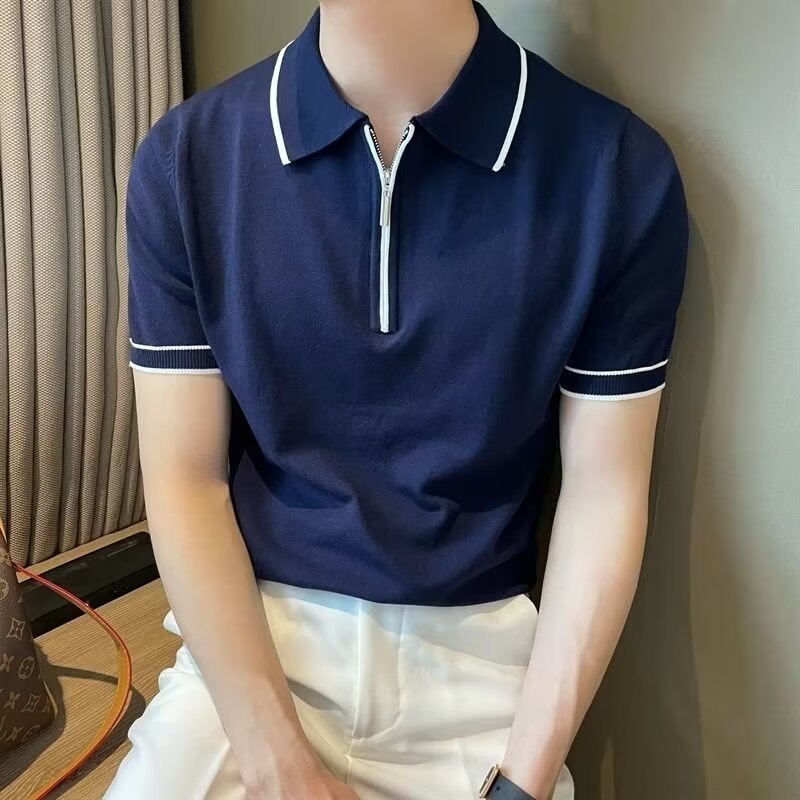 Camisas de polo de manga corta de vello de estilo de dinero camiseta de punto hombre línea de semicirretera camiseta de hielo de verano fábrica transfronteriza al por mayor