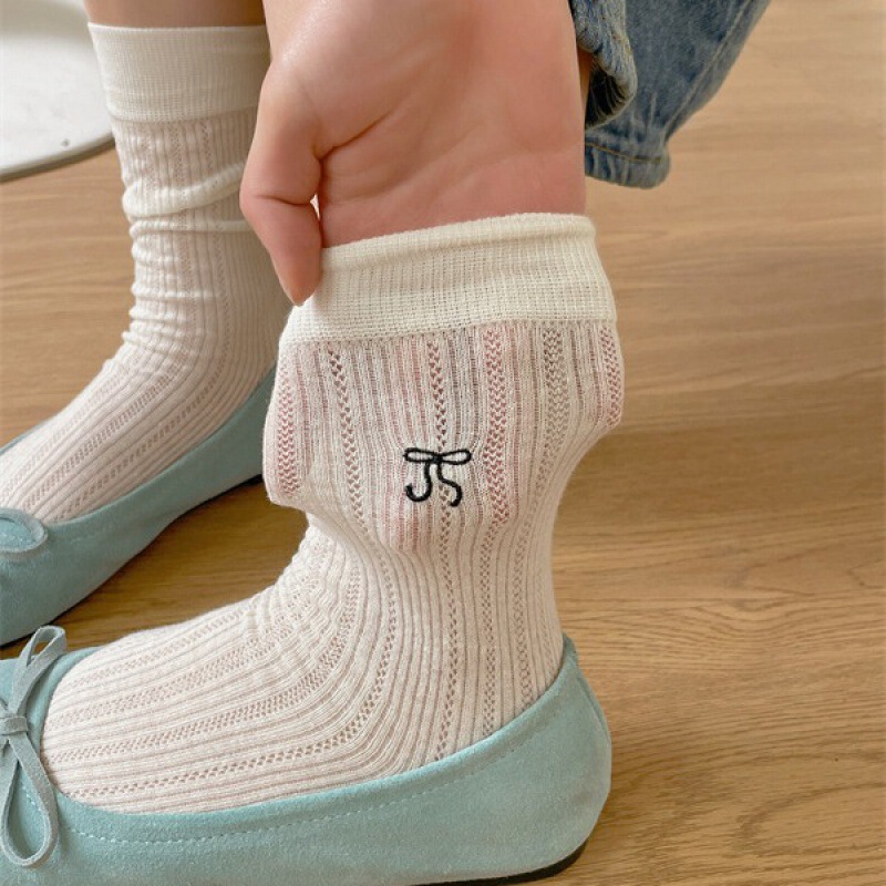 Spring and Summer Milk White Thin Jk Socks Women's Mid-Calf Socks Ballet Style Bow Cut Out Pile Socks Versatile Pure Color