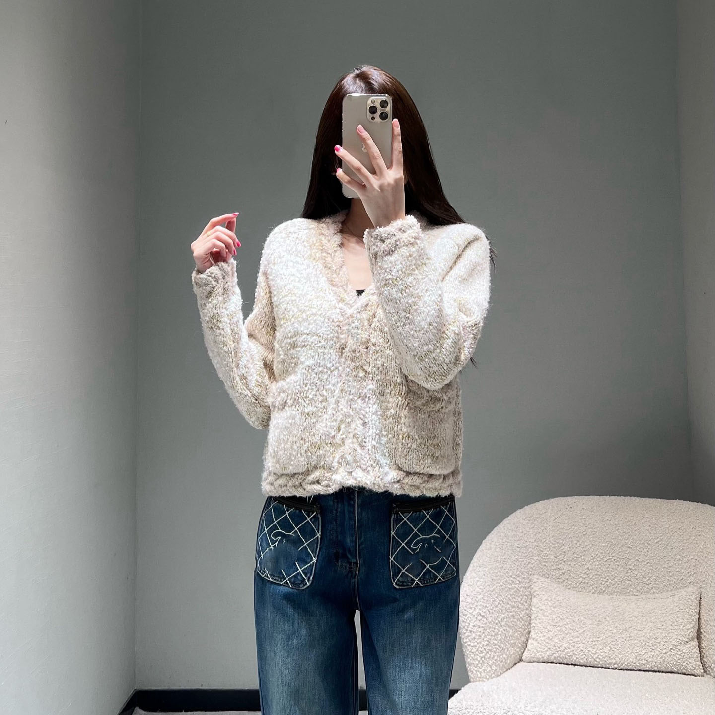 2025 New Autumn and Winter Ch Nanyou Factory Small Fragrance Elegant and Gentle Girl Tweed Knitted Cardigan