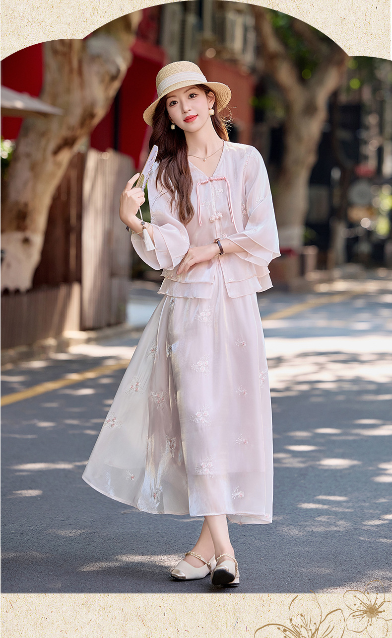 Bộ đầm maxi nữ thắt eo phong cách Trung Hoa mới tay ngắn cổ đứng — Màu như hình chi tiết 15