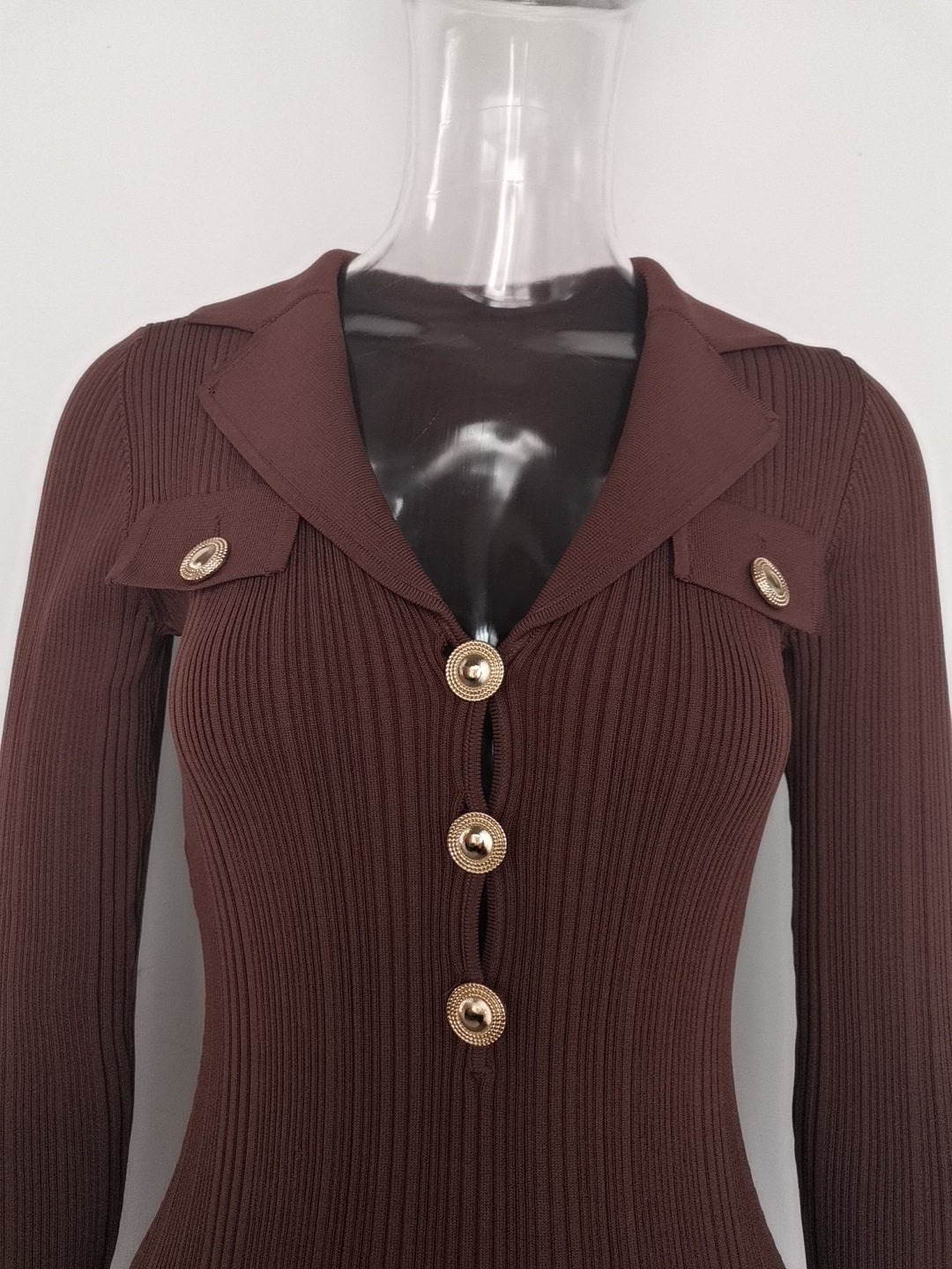 Women's Long Sleeve Blazer Collar Midi Dress Metal Buttons Rib Knit Bodycon Elegant Office Evening Wear Slip Dress_ecoleips.com