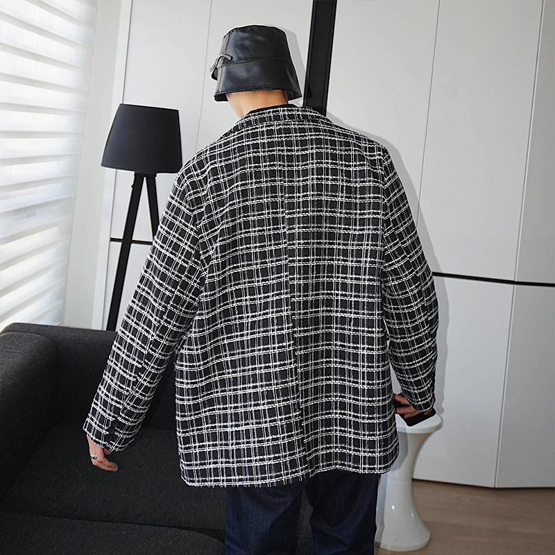 Otoño nuevo estilo camisa color sólido simple a cuadros sueltos pequeña fragancia chaqueta de camisa de manga larga moda de los hombres