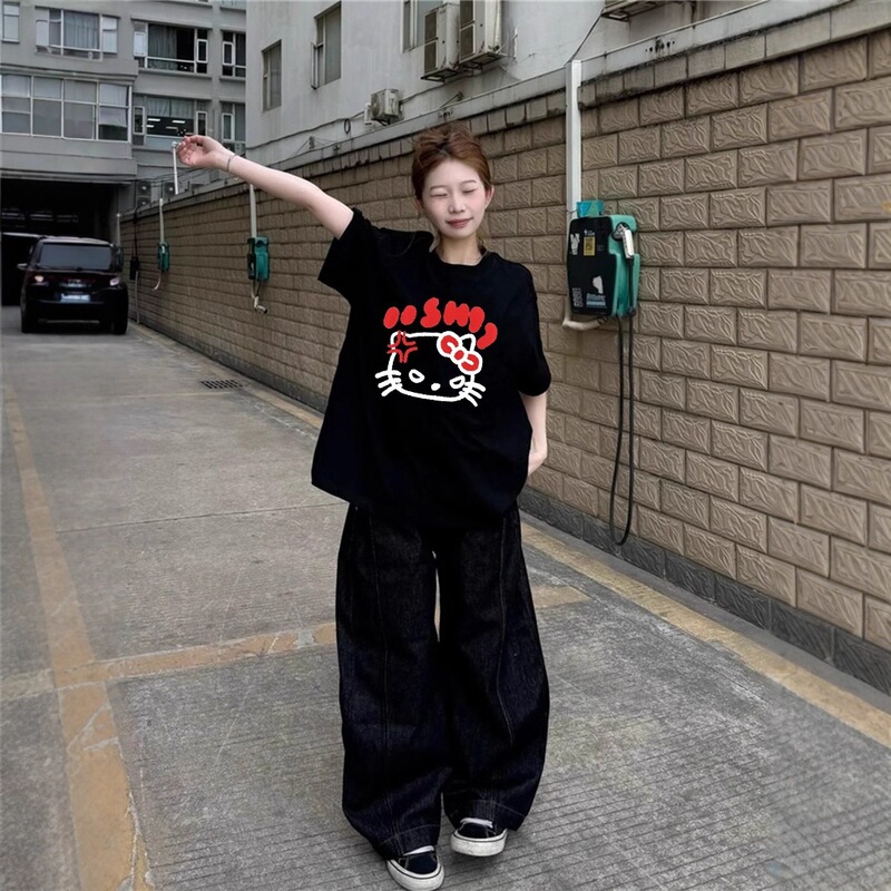 Kitty Cat Pure Cotton Black Short-Sleeved T-Shirt for Women Summer 2026 New Design Niche Student Loose Half-Sleeved Top Kitty Cat Pure Cotton Black Short-Sleeved T-Shirt for Women Summer 2026 New Design Niche Student Loose Half-Sleeved Top